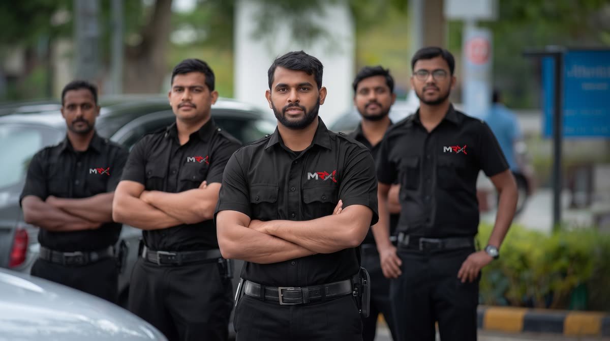 Five Mr X officers in black uniforms standing in formation in a car park.