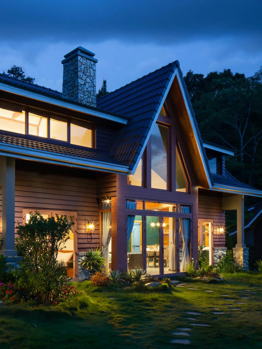 A private residence at dusk with interior lights on.