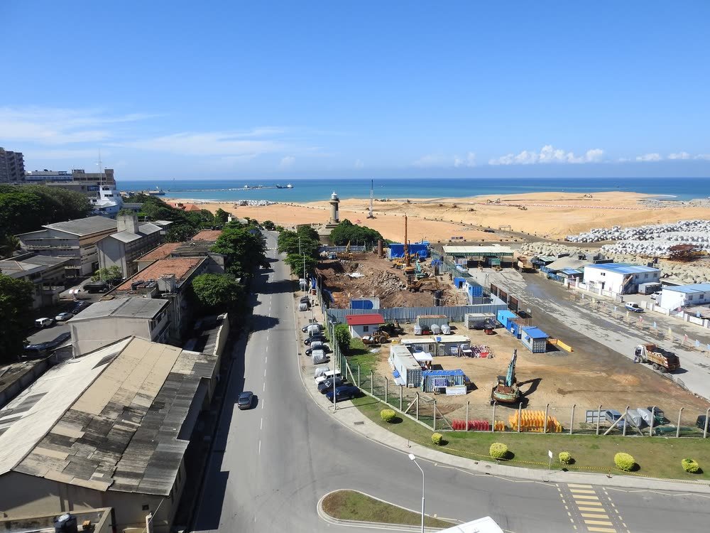 Site offices, plant and stockpiles on a land-reclamation construction site at Port City Colombo.